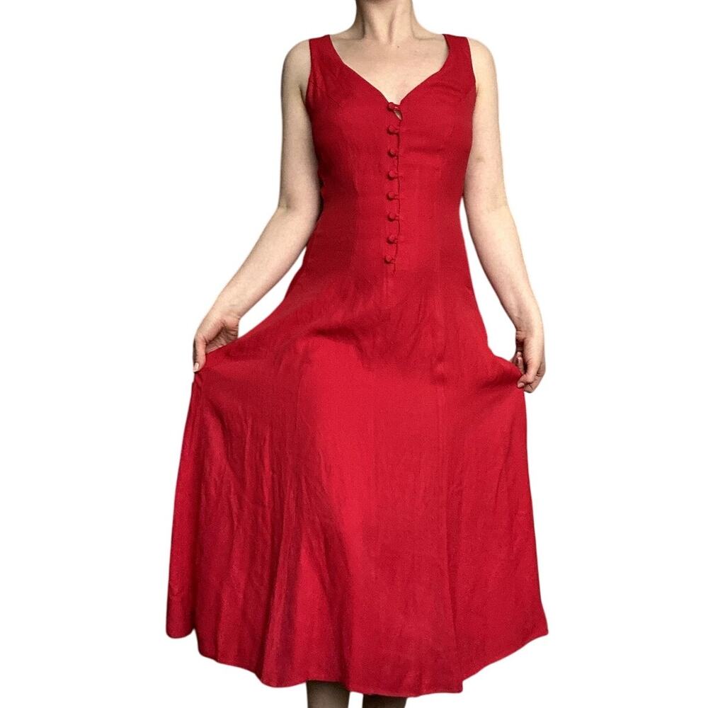 Vintage Sz 5 Red Button Up Midi Dress Acetate Rayon Tie Waist Summer Classic